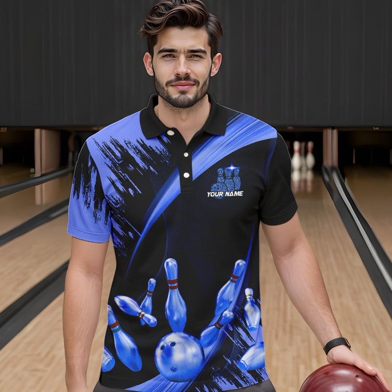 Personalized Black and Blue Bowling Polo, Quarter Zip Shirts For Mens Custom Bowling Team Jersey NQS9723