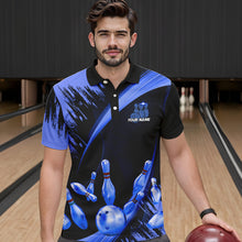 Load image into Gallery viewer, Personalized Black and Blue Bowling Polo, Quarter Zip Shirts For Mens Custom Bowling Team Jersey NQS9723