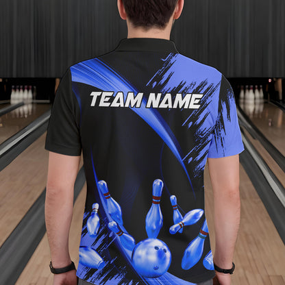 Personalized Black and Blue Bowling Polo, Quarter Zip Shirts For Mens Custom Bowling Team Jersey NQS9723