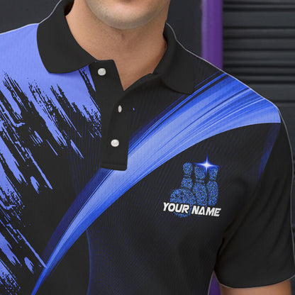 Personalized Black and Blue Bowling Polo, Quarter Zip Shirts For Mens Custom Bowling Team Jersey NQS9723