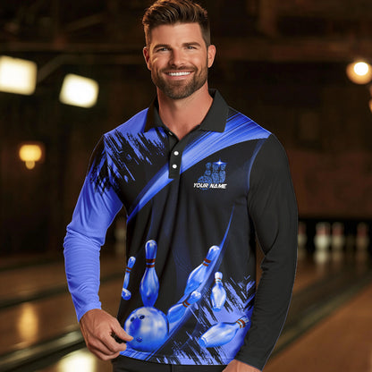 Personalized Black and Blue Bowling Polo, Quarter Zip Shirts For Mens Custom Bowling Team Jersey NQS9723