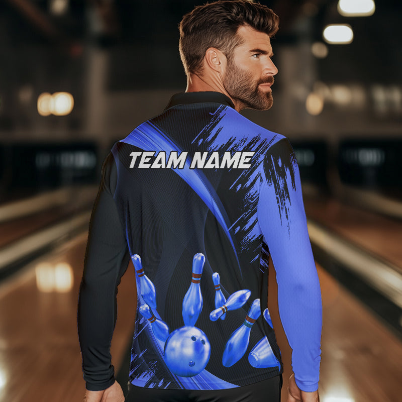 Personalized Black and Blue Bowling Polo, Quarter Zip Shirts For Mens Custom Bowling Team Jersey NQS9723
