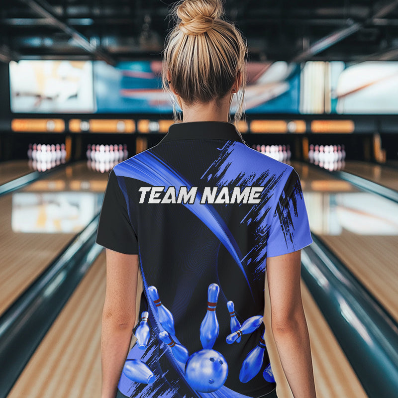 Personalized Black and Blue Bowling Polo, Quarter Zip Shirts For Women Custom Bowling Team Jersey NQS9723