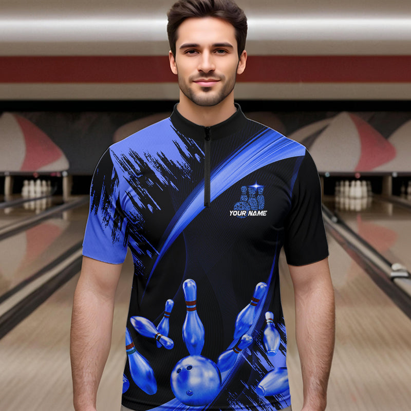 Personalized Black and Blue Bowling Polo, Quarter Zip Shirts For Mens Custom Bowling Team Jersey NQS9723
