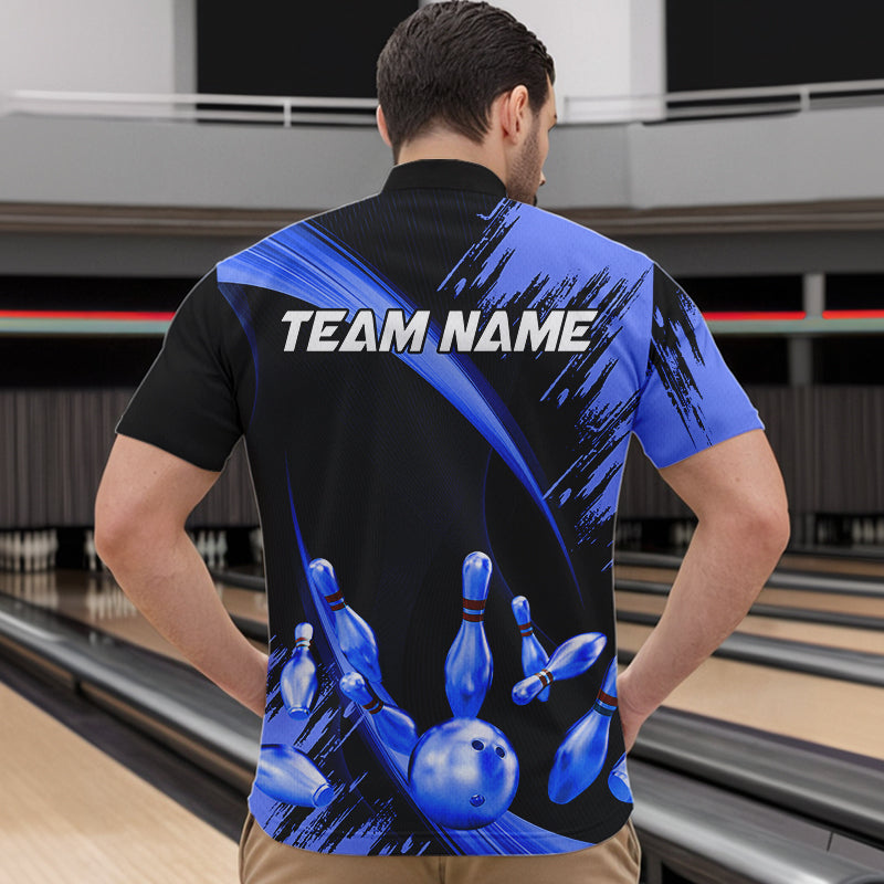 Personalized Black and Blue Bowling Polo, Quarter Zip Shirts For Mens Custom Bowling Team Jersey NQS9723