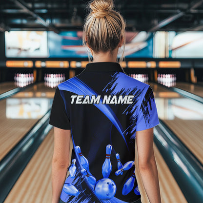 Personalized Black and Blue Bowling Polo, Quarter Zip Shirts For Women Custom Bowling Team Jersey NQS9723