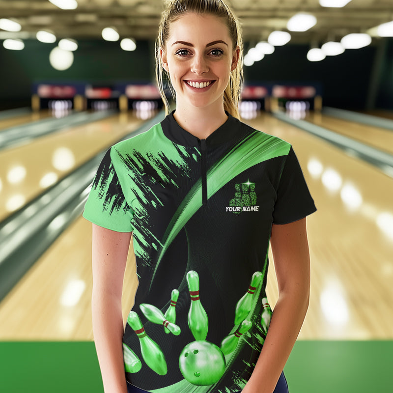 Personalized Black and Green Bowling Polo, Quarter Zip Shirts For Women Custom Bowling Team Jersey NQS9724