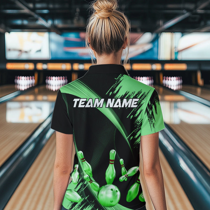 Personalized Black and Green Bowling Polo, Quarter Zip Shirts For Women Custom Bowling Team Jersey NQS9724