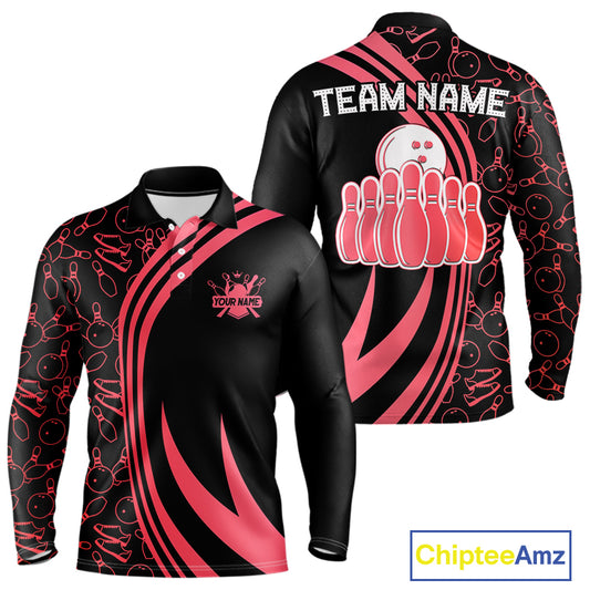 Black Mens bowling shirts Custom Red neon team league bowling jerseys, gifts for bowlers NQS9983