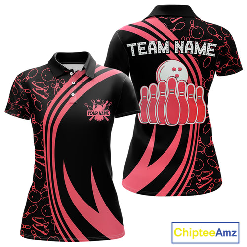Black Women bowling shirts Custom Red neon team league bowling jerseys, gifts for bowlers NQS9983