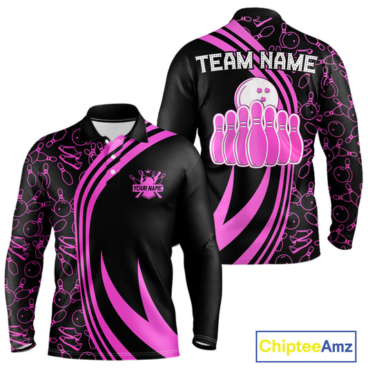 Black Mens bowling shirts Custom Pink neon team league bowling jerseys, gifts for bowlers NQS9984
