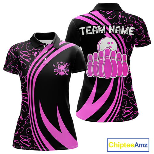 Black Women bowling shirts Custom Pink neon team league bowling jerseys, gifts for bowlers NQS9984