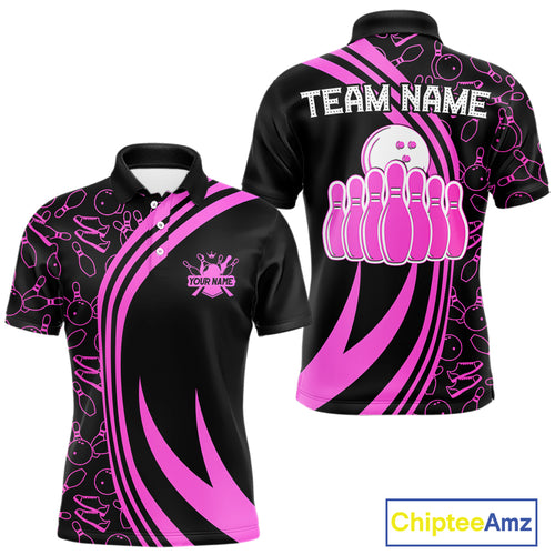 Black Mens bowling shirts Custom Pink neon team league bowling jerseys, gifts for bowlers NQS9984