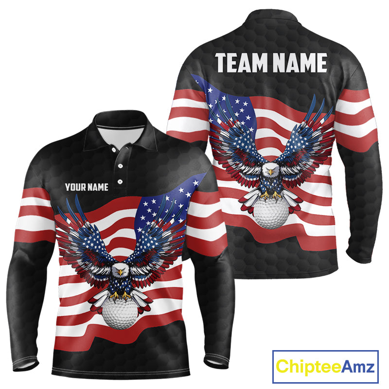Black Golf pattern American Flag Eagle Men golf polo shirts Custom patriotic golf attire for mens NQS9986