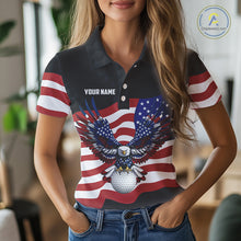 Load image into Gallery viewer, Black Golf pattern American Flag Eagle Women golf polo shirts Custom patriotic ladies golf attire NQS9986