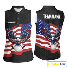 Load image into Gallery viewer, Black Golf pattern American Flag Eagle Women sleeveless golf polo shirts Custom patriotic golf attire NQS9986