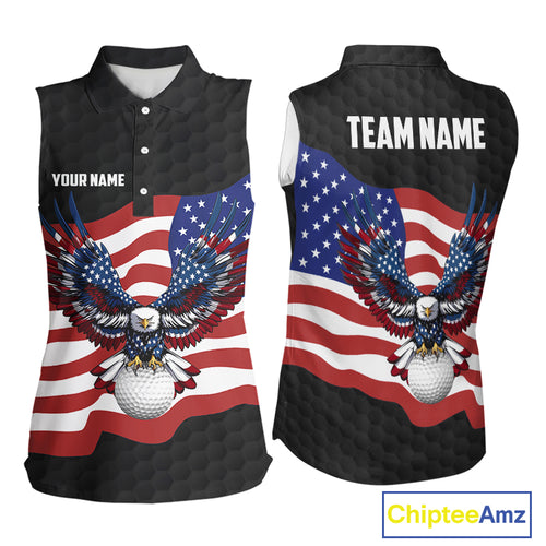 Black Golf pattern American Flag Eagle Women sleeveless golf polo shirts Custom patriotic golf attire NQS9986