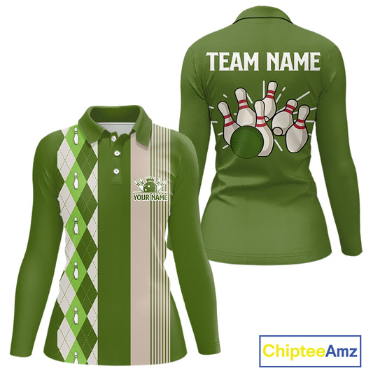 Retro Green argyle pattern Bowling shirts For Women custom bowling team jerseys Bowler Outfits NQS10152