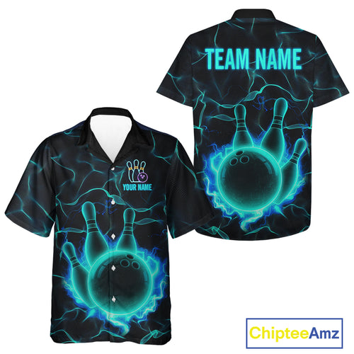 Cyan Blue Flame Bowling Hawaiian shirt custom bowling team button up shirt Bowler Outfits NQS10153
