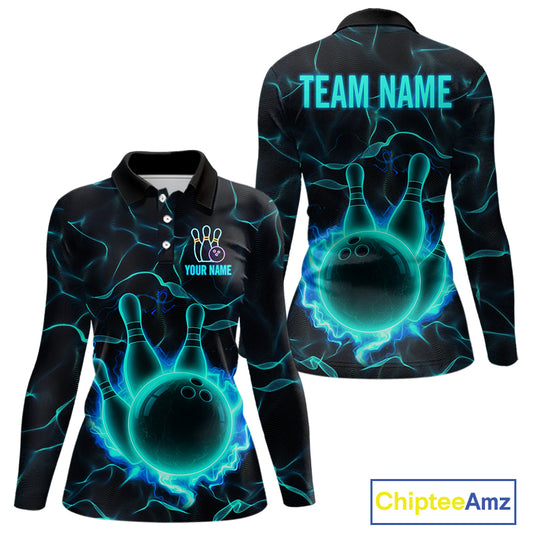 Cyan Blue Flame Bowling Polo, Quarter Zip shirts For Women custom bowling team jerseys Bowler Outfits NQS10153