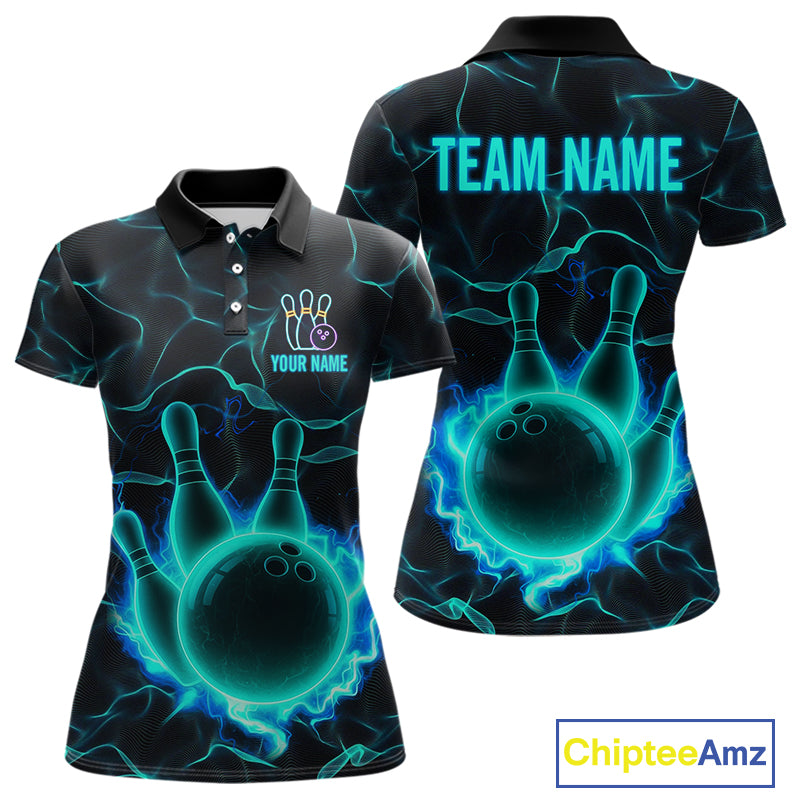 Cyan Blue Flame Bowling Polo, Quarter Zip shirts For Women custom bowling team jerseys Bowler Outfits NQS10153