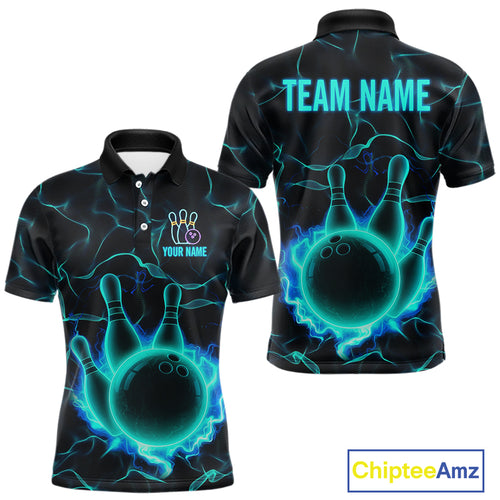 Cyan Blue Flame Bowling Polo, Quarter Zip shirts For Men custom bowling team jerseys Bowler Outfits NQS10153