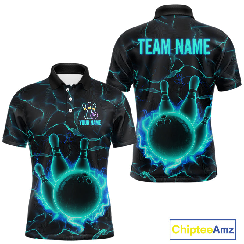 Cyan Blue Flame Bowling Polo, Quarter Zip shirts For Men custom bowling team jerseys Bowler Outfits NQS10153