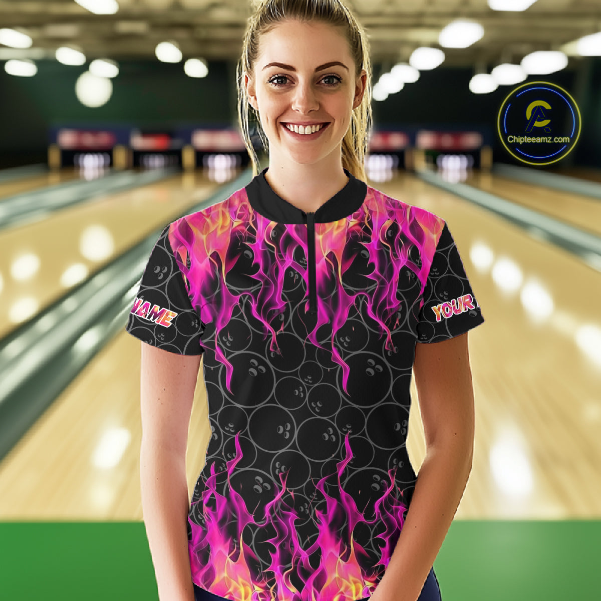Black and Pink Flame camo Womens bowling shirts Custom Flame Bowling Shirt Team Bowling Jersey NQS8304
