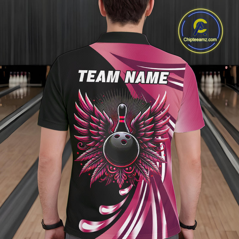 Black and Pink Bowling Ball and Pins wings Bowling Shirts for Men Custom Team Bowling Jerseys NQS10489