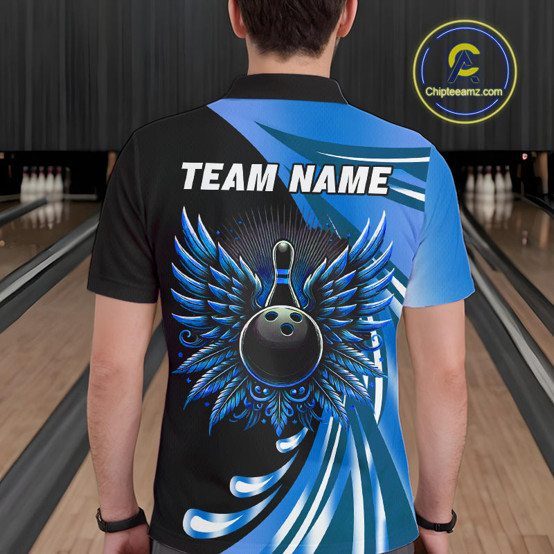 Black and Blue Bowling Ball and Pins wings Bowling Shirts for Men Custom Team Bowling Jerseys NQS10490