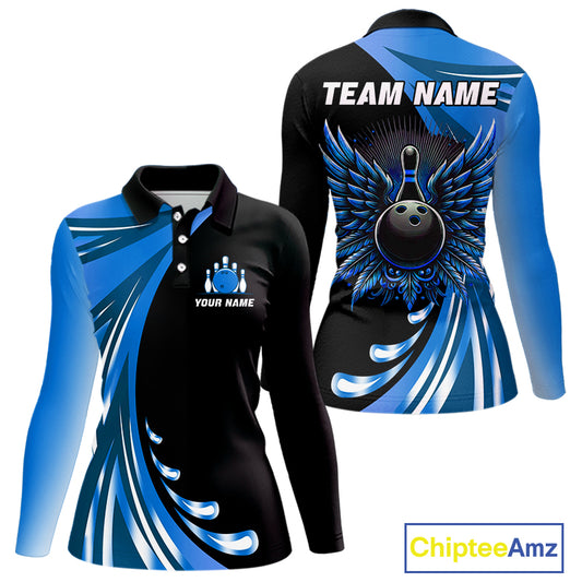 Black and Blue Bowling Ball and Pins wings Bowling Shirts for Women Custom Team Bowling Jerseys NQS10490