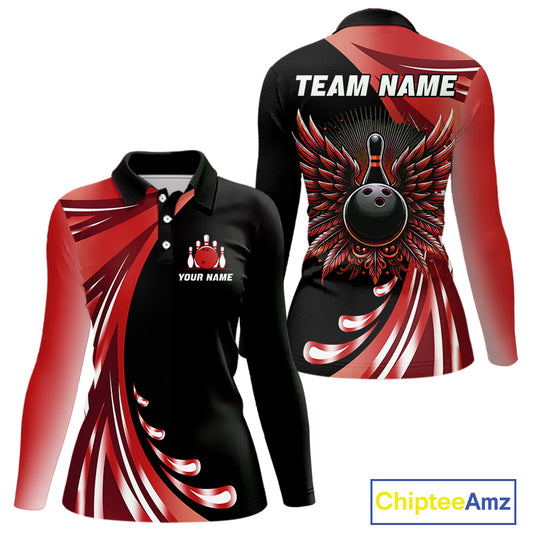 Black and Red Bowling Ball and Pins wings Bowling Shirts for Women Custom Team Bowling Jerseys NQS10491