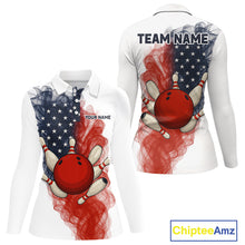 Load image into Gallery viewer, Custom Smoke American Flag White Bowling Shirts for Women Personalized Patriotic Team Bowling Jerseys NQS10495