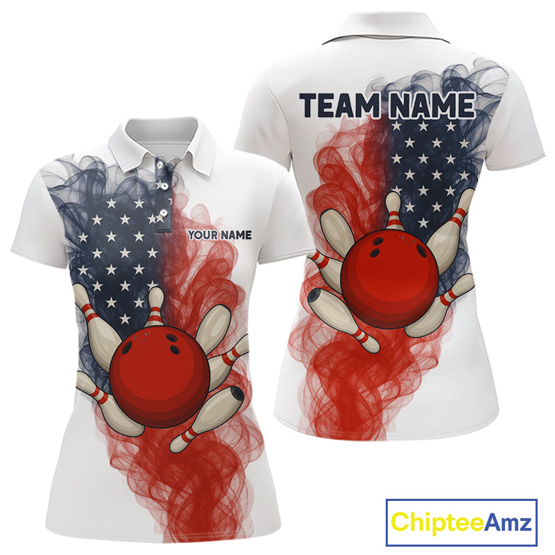 Custom Smoke American Flag White Bowling Shirts for Women Personalized Patriotic Team Bowling Jerseys NQS10495