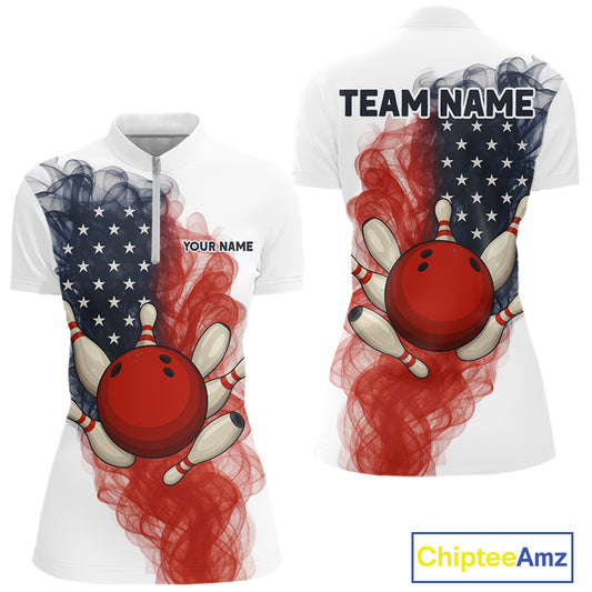 Custom Smoke American Flag White Bowling Shirts for Women Personalized Patriotic Team Bowling Jerseys NQS10495