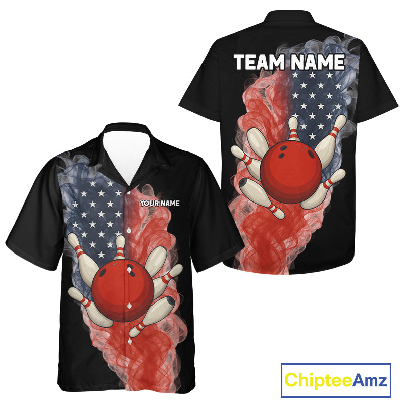 Custom Smoke American Flag Black Bowling Hawaiian Shirt Personalized Patriotic Team Bowling Jerseys NQS10496