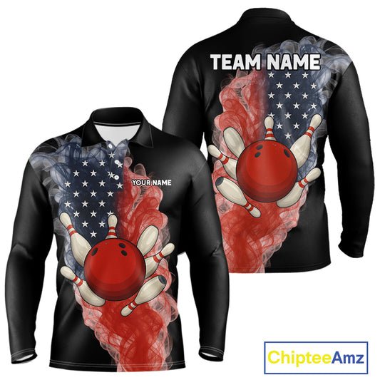 Custom Smoke American Flag Black Bowling Shirts for Men Personalized Patriotic Team Bowling Jerseys NQS10496