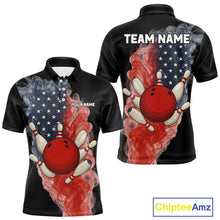 Load image into Gallery viewer, Custom Smoke American Flag Black Bowling Shirts for Men Personalized Patriotic Team Bowling Jerseys NQS10496