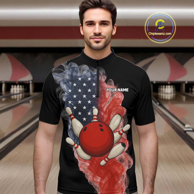 Custom Smoke American Flag Black Bowling Shirts for Men Personalized Patriotic Team Bowling Jerseys NQS10496