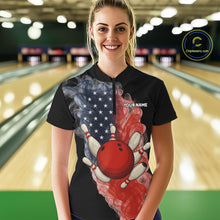 Load image into Gallery viewer, Custom Smoke American Flag Black Bowling Shirts for Women Personalized Patriotic Team Bowling Jerseys NQS10496