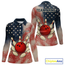 Load image into Gallery viewer, Personalized Smoke American Flag Bowling Shirts for Women Custom Patriotic Team Bowling Outfits NQS10498