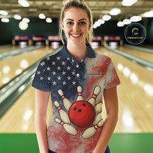 Load image into Gallery viewer, Personalized Smoke American Flag Bowling Shirts for Women Custom Patriotic Team Bowling Outfits NQS10498