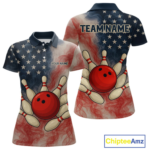 Personalized Smoke American Flag Bowling Shirts for Women Custom Patriotic Team Bowling Outfits NQS10498