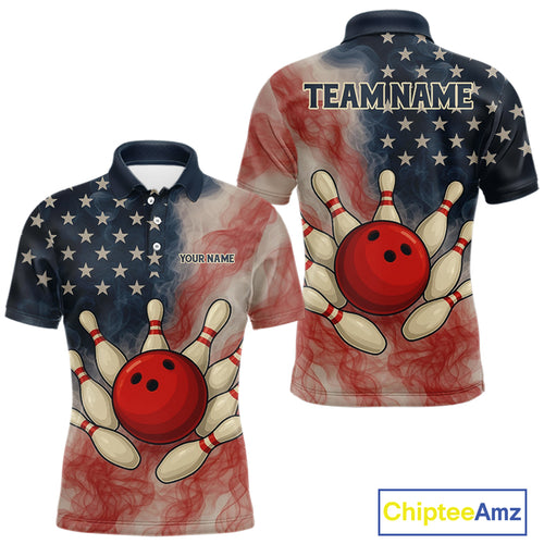 Personalized Smoke American Flag Bowling Shirts for Men Custom Patriotic Team Bowling Outfits NQS10498