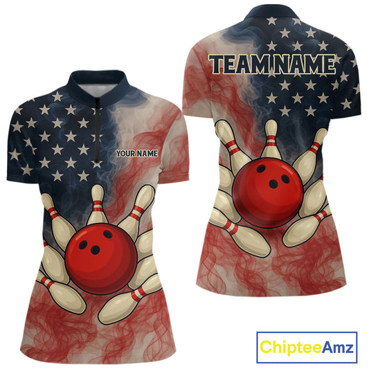 Personalized Smoke American Flag Bowling Shirts for Women Custom Patriotic Team Bowling Outfits NQS10498