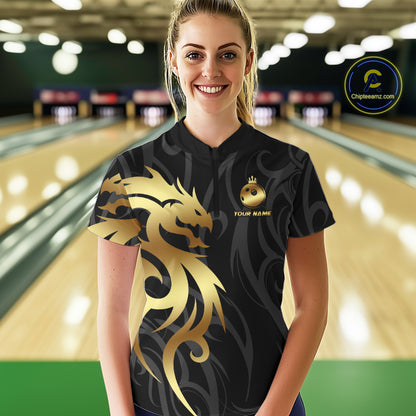 Black and Gold Dragon tribal crown Bowling ball Shirts for Women Custom Bowling Team League Jerseys NQS10903