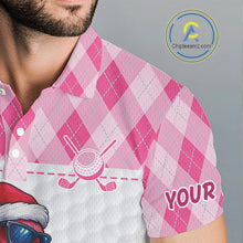 Load image into Gallery viewer, Funny Christmas Flamingo Mens golf polo shirt custom pink argyle pattern white golf apparel NQS11087