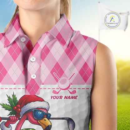 Funny Christmas Flamingo Women sleeveless polo shirt custom pink argyle pattern white golf apparel NQS11087