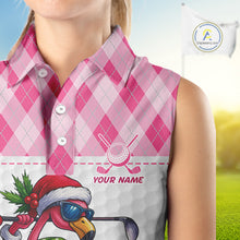 Load image into Gallery viewer, Funny Christmas Flamingo Women sleeveless polo shirt custom pink argyle pattern white golf apparel NQS11087