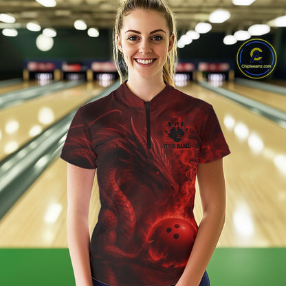 Red Flame Dragon Bowling Polo, 1/4 Zip Shirts For Women Custom Name Team Bowling League Jersey NQS11092